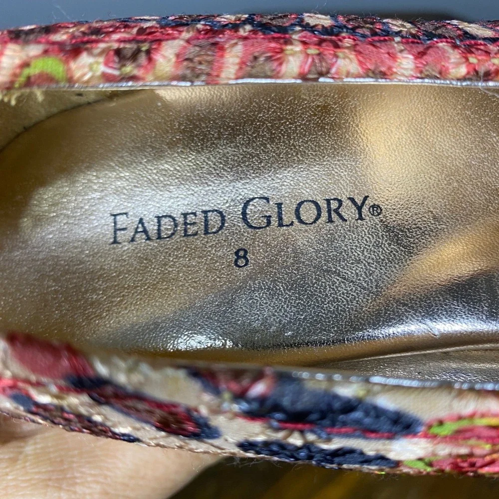 Faded Glory Women Boho Embroidered Peep Toe Cork Wedge Heels‎ Multicolor Size 8